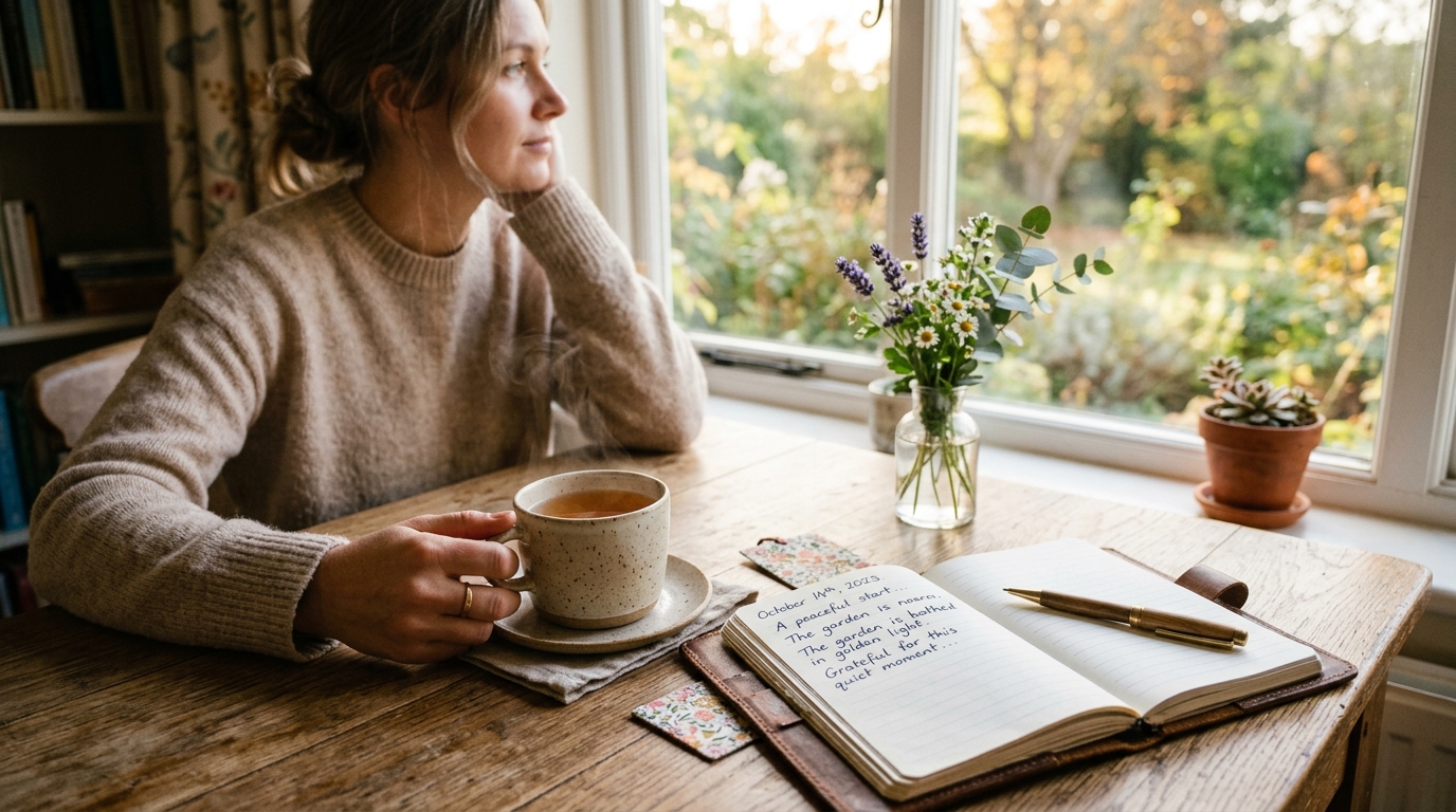 Pokojné ráno s hrnčekom teplého čaju a denníkom na stole