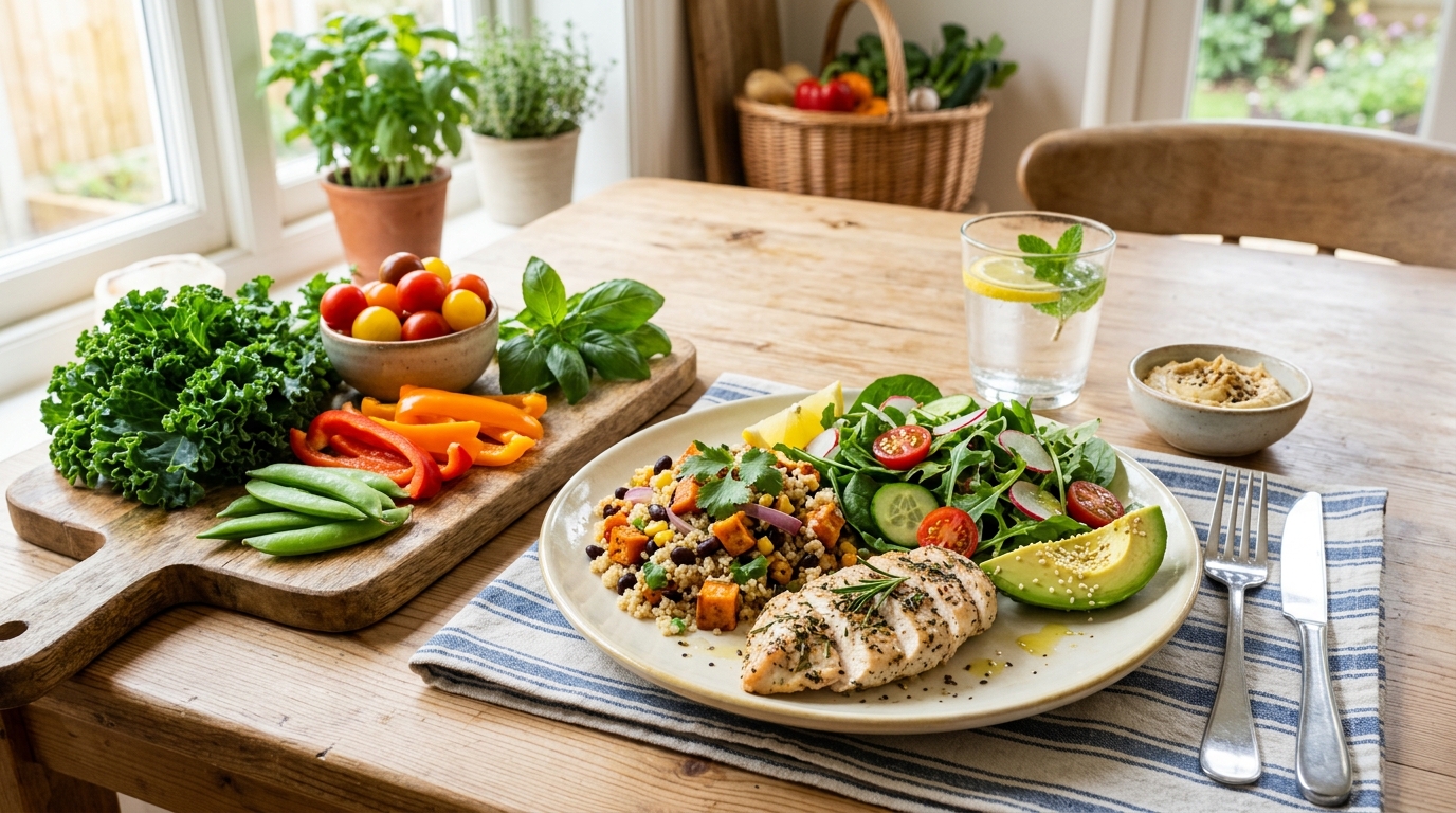 Čerstvá zelenina a vyvážený tanier jedla pripravený pre zdravý obed